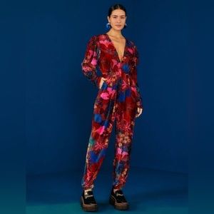 Farm Rio - Floral Print Velvet Jumpsuit In Snake Garden LARGE NWT